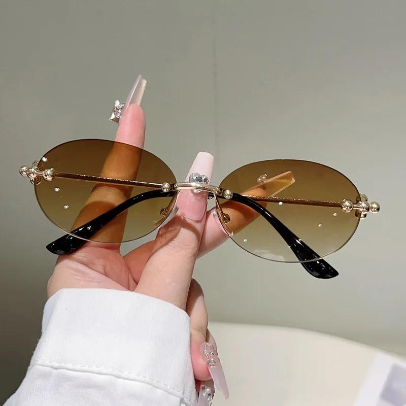 Vintage Rimless Oval Sunglasses Women For Men Luxury Brand Designer Sun Glasses Punk Popular Metal Ball Sexy Shades Uv400