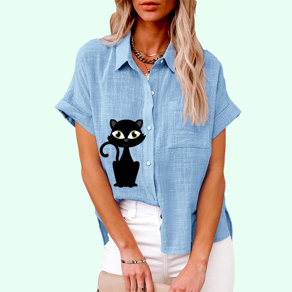 Plus Size Women Casual Short Sleeved Linen Top Fashion Cat Print T-shirt Ladies Loose Buttoned Blouse