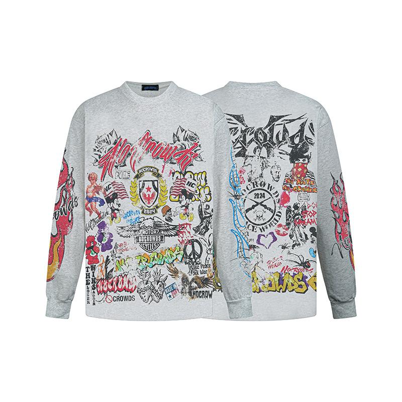 

American Street Hip Hop Graffiti Vintage Print Long Sleeve T-Shirt Men S And Women S Pullovers Trendy Vintage Tops XXL