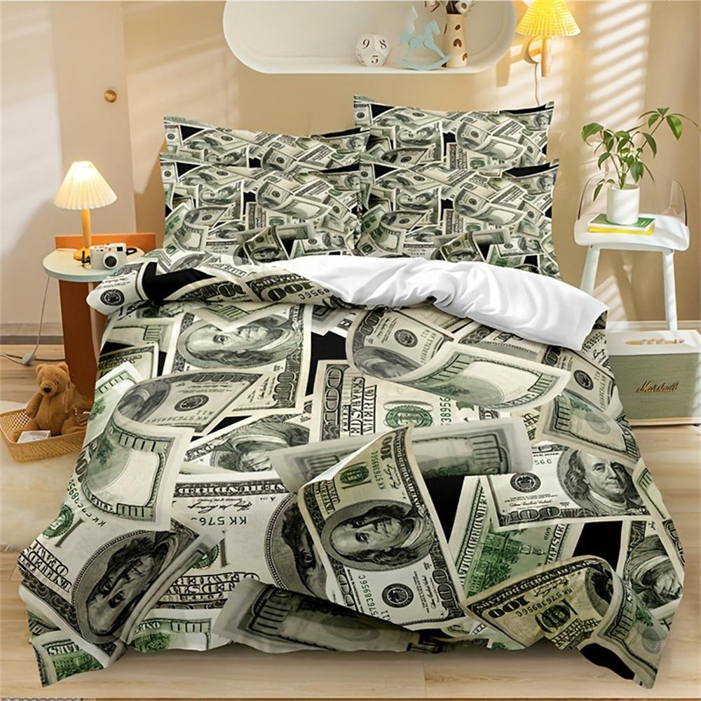 Money Dollar Printed Duvet Cover King Microfiber Dollar Bills of United States Federal Reserve with The Portrait Bedding Set 135x200cm