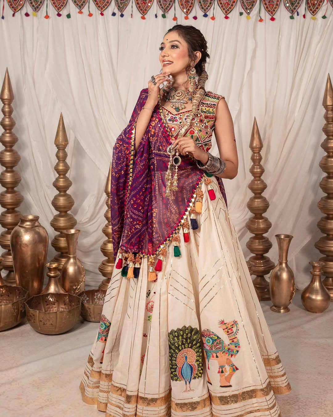 Women s Navratri Chaniya Choli Set | Muslin Cotton Lehenga with Real Mirror Work | Gota Zari Silk Blouse & Georgette Dupatta
