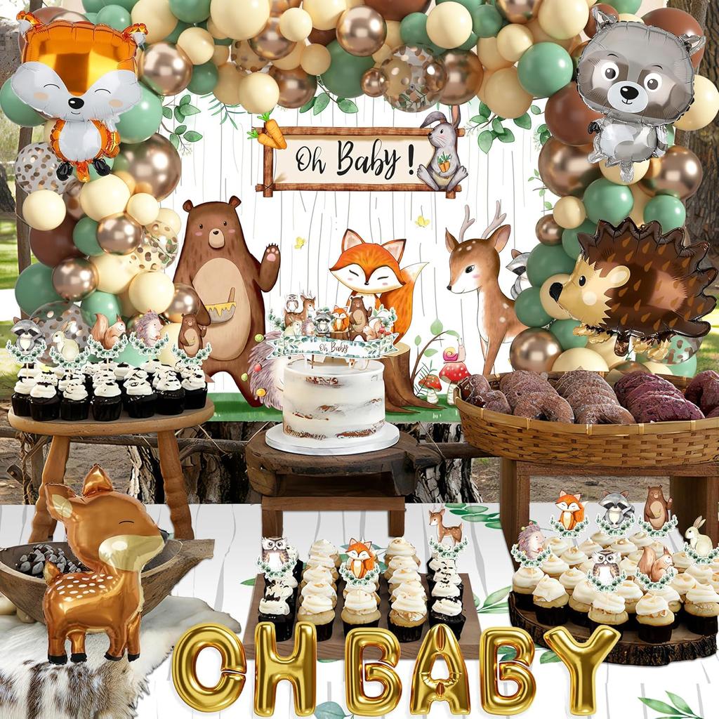 BORAMDO Woodland Animals Baby Shower Decoration Pack Forest Animal Neutral Gender Reveal Party Supplies Woodland Themed Birthday Party Ideas Set 106
