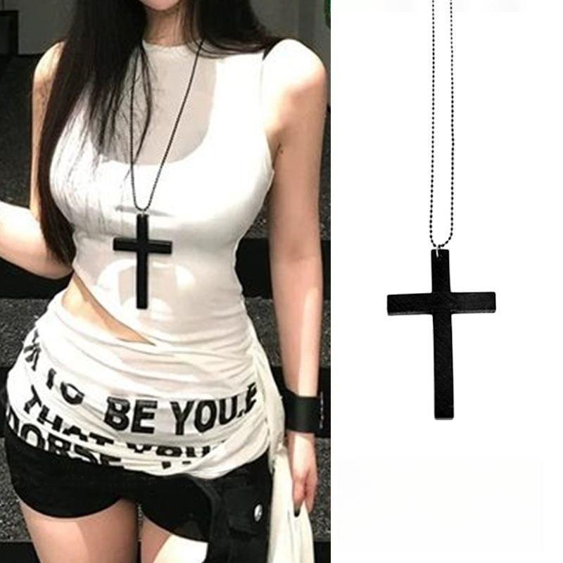 Summer Black Rhinestone Cross Jesus Pendant Choker Necklace for Women Punk Vintage Double Layers Chain Neck Boho Jewelry