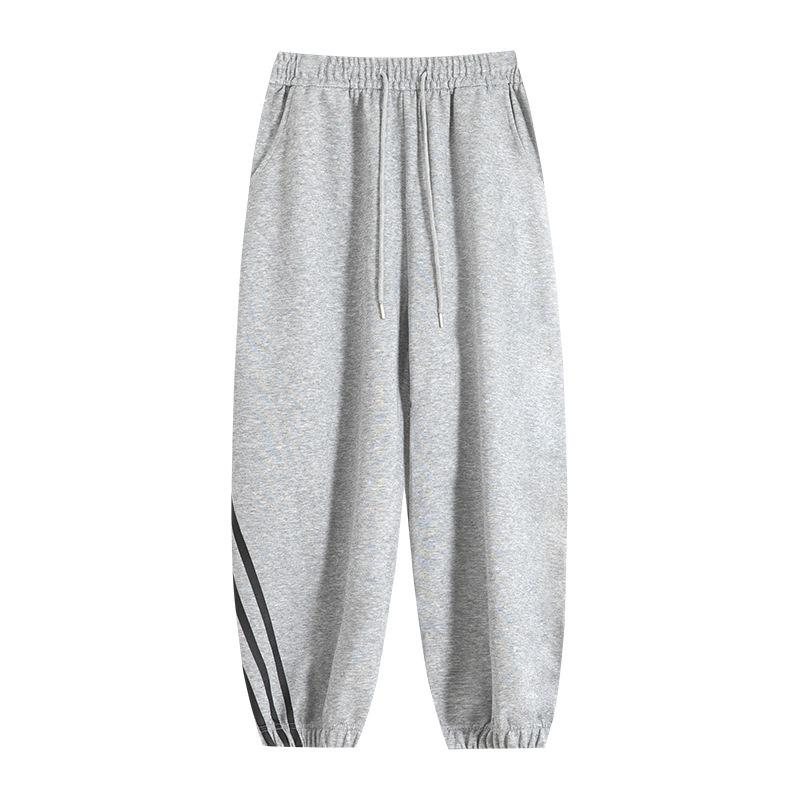 Gray three-bar sweatpants women's spring and autumn new high-waisted and thin Harlan tied feet casual wide-leg sweatpants