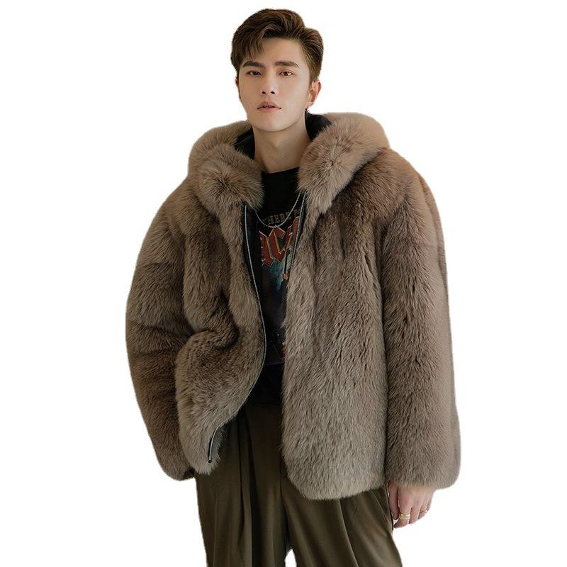 Autumn and Winter New Men's Imitation Fox Fur Coat Trendy Wool Coat Hooded Thickened Jacket Velvet Leather Jacket