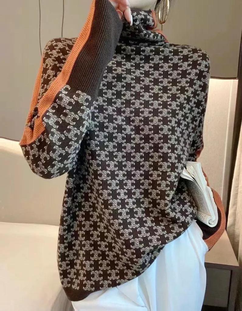 2024 Autumn/Winter Women's Turtleneck Sweater: Retro Pattern, Contrast Color, Knitted Style