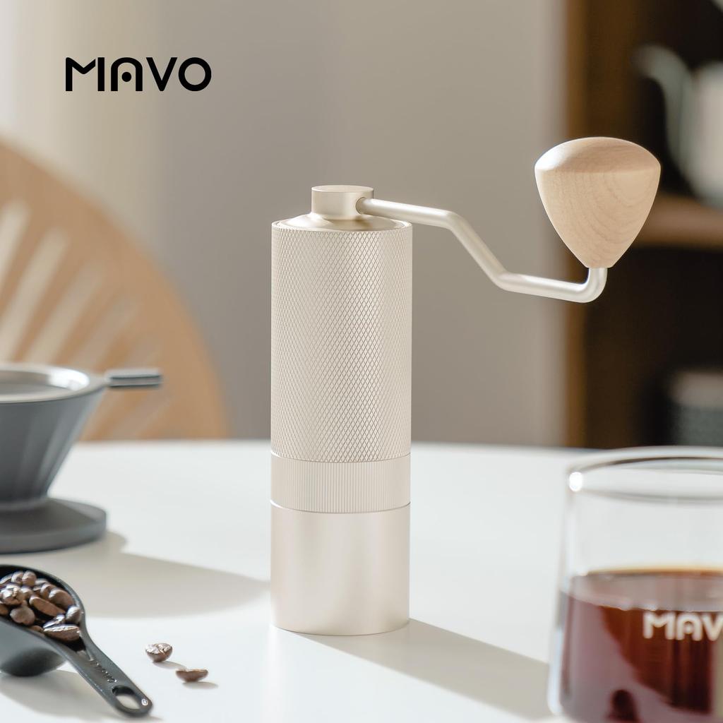 MAVO Wizard Hand Coffee Grinder, Adjustable Coarseness, Pentagonal Conical Metal Blades, CNC Stainless Steel Burrs, 20g Capacity, Silver