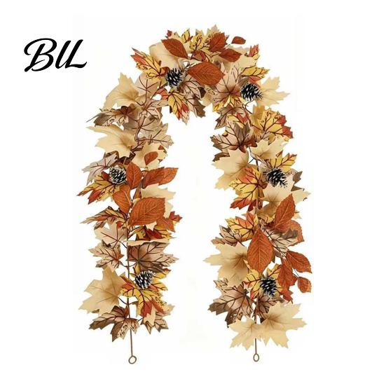 Artificial Maple Leaf Garland Fall Wreath, Autumn Vine with Pine Cones Pumpkins, Reusable Decorations for Home Hanging Decor Thanksgiving Harvest