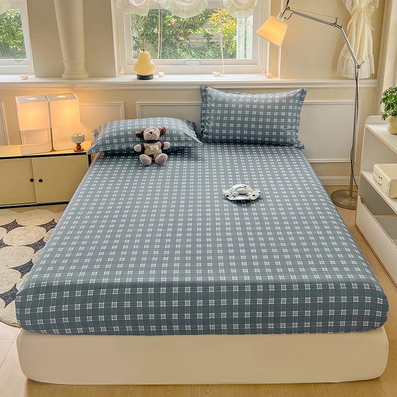 Plaid Fitted Sheet With Elastic Band Non Slip Adjustable Mattress Cover Soft Comfortable For Single Double King Queen Size