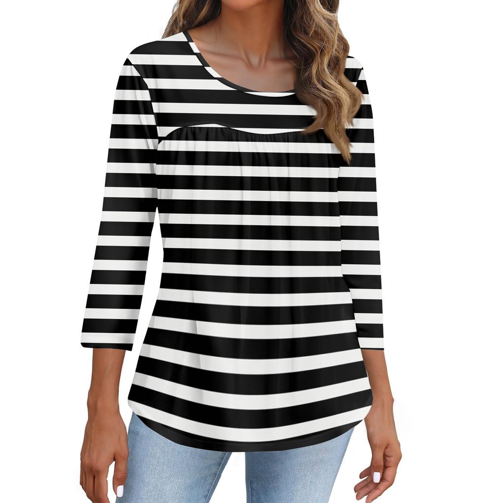 Damenmode Lässiges Dreiviertelarm-Oberteil mit Aufdruck und Rundhalsausschnitt