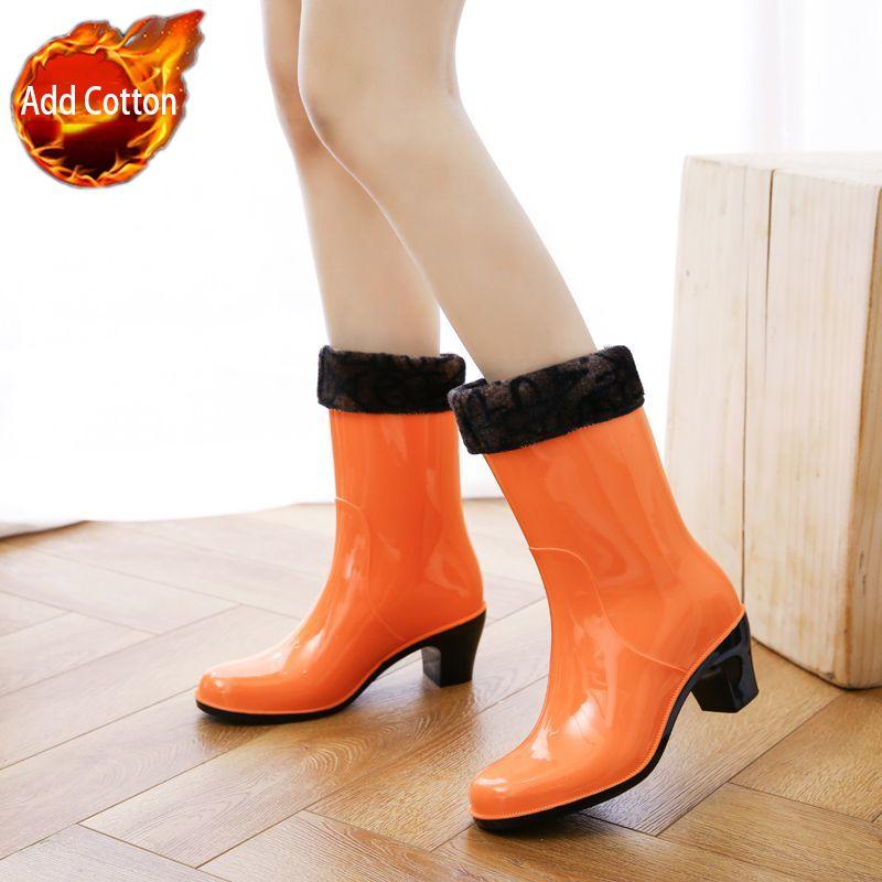 Dámské boty do deště na vysokém podpatku Korejský styl do půli lýtka Vodotěsné Protiskluzové Gumové boty Módní doplňky pro venkovní nošení