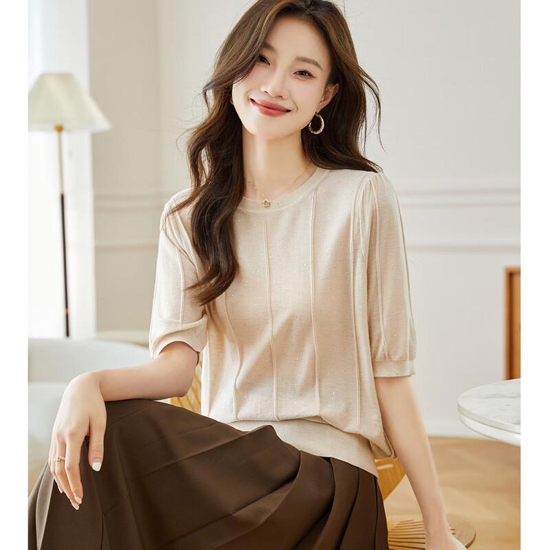 

Srcr Women s Wool Blend Thin Knit Round Neck Mid-Sleeve Top One Size