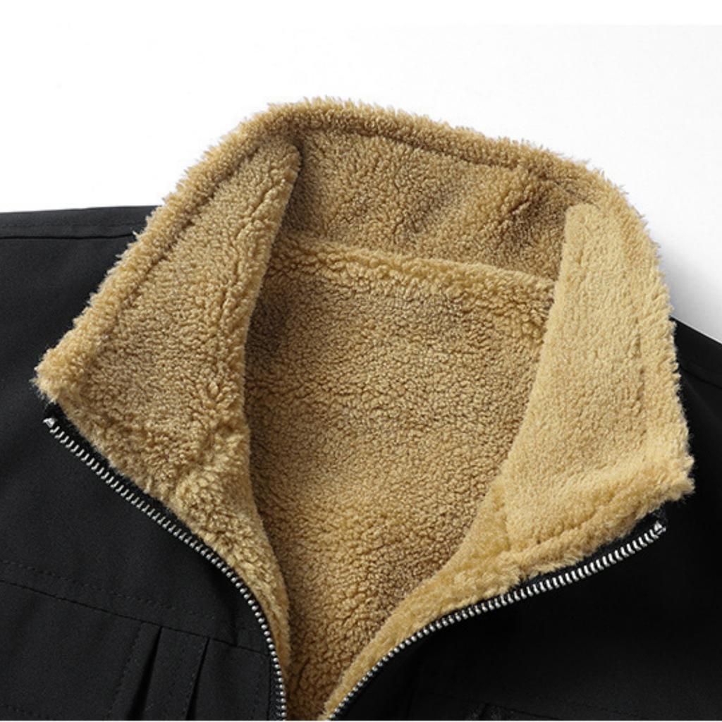 Men's Casual Fleece Solid Color Zipper Vest, Multi-pocket Workwear Vest, Stand-up Collar Lambskin Vest