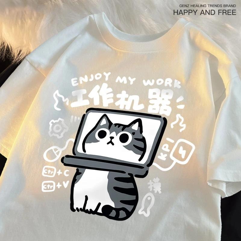 

Fun Tool Cat Print Japanese Style T-Shirts Women Breathable Clothing Summer Tshirt Hip Hop Female Tee O-neck Harajuku T-shirts S
