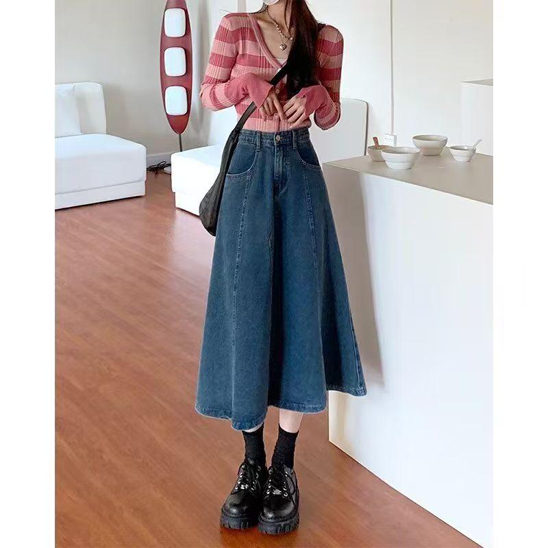 Autumn 2024 High-Waisted A-line Denim Maxi Skirt for Petite Women S