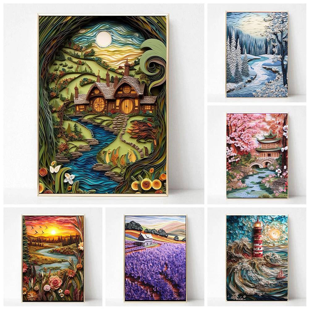Paper Quilling Visual Effects Landscape Prints Poster Canvas Painting Modern Wall Art Picture For Living Room Bedroom Home Decor