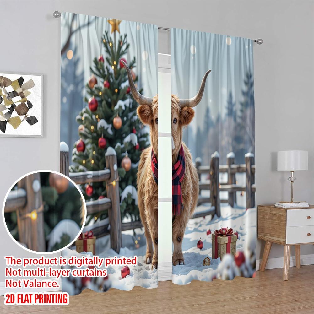 2pcs 2D Flat Printing Christmas Window Drapes Farm Christmas Scene Versatile Fabric Without Electricity Festive Holiday Perfect
