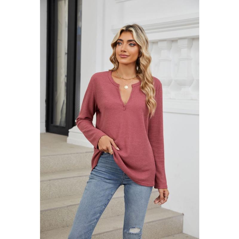 Spring and Autumn Women's Blouse Loose V-neck Long-sleeved Solid Colour Casual Tops
