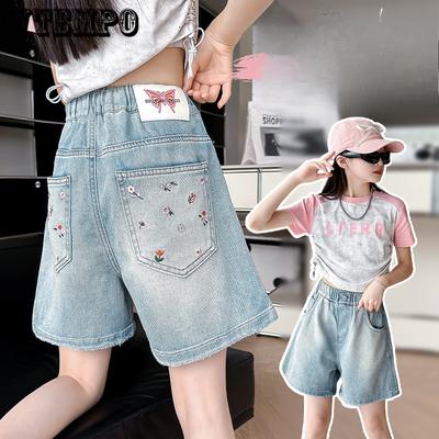 Girls' Summer Clothes Denim Shorts Versatile Outerwear Mid Length Pants Children's Casual Pants Women's Summer Cropped Pants