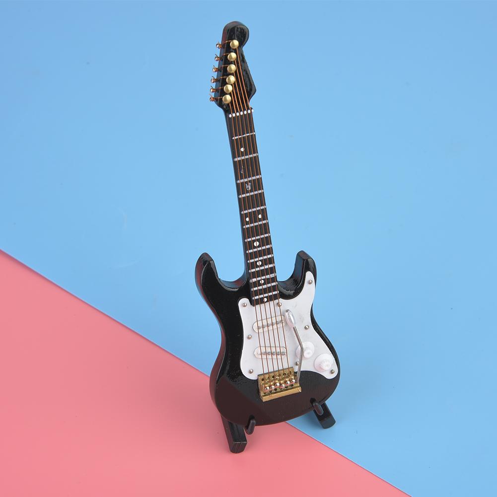 Delicate 14 cm Mini Wooden Electric Guitar Model Ornaments Collection with Stand(Black)