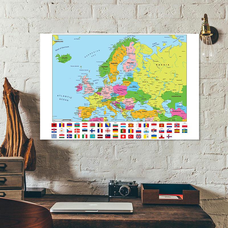 Evropská mapa-Politické rozložení-s vlajkami,Vzdělávací plakát pro domácí kancelář, třídu,Cestovní/Vzdělávací pomůcky