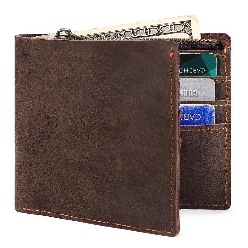 Men's Bifold Wallet with Zipper Coin Pocket Crazy Horse Leather Multi Card Slots Vintage Short Wallet for Men Genuine Leather