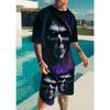 Men's Casual Gothic Suit: O-Neck Top with 3D Death Head Design & Elastic Waist Shorts. Trendy Activewear for Daily Lounge