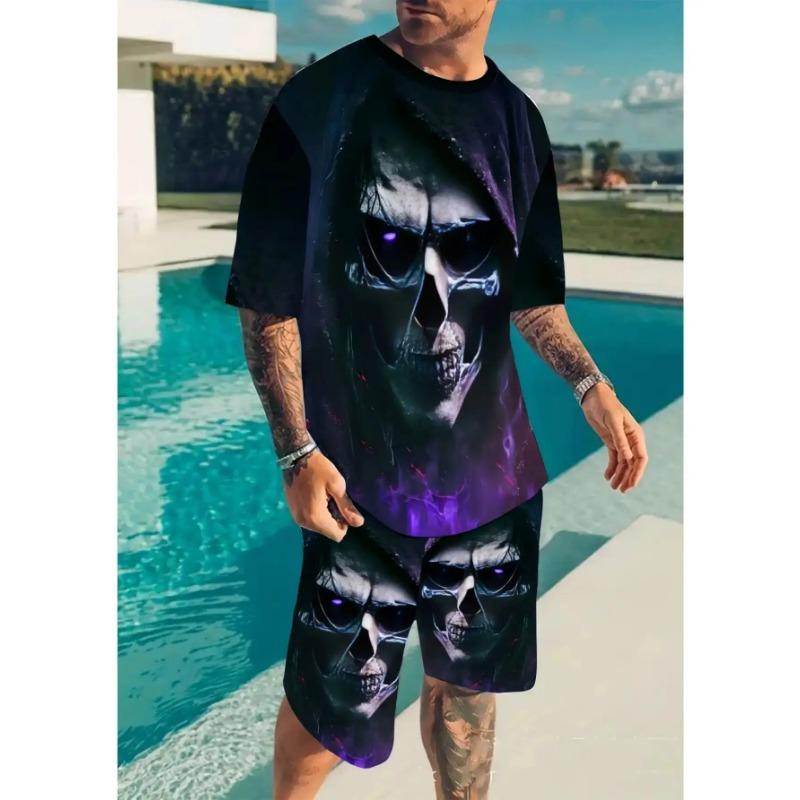 Men s Casual Gothic Suit: O-Neck Top with 3D Death Head Design & Elastic Waist Shorts. Trendy Activewear for Daily Lounge S разноцветный