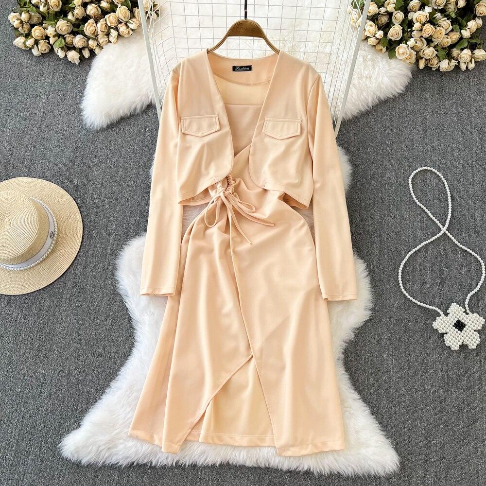 Fashion Suit Female Casual High Waist Short Solid Color Suit Jacket Two-Piece Set Halter Slit Pull Rope Dress Autumn