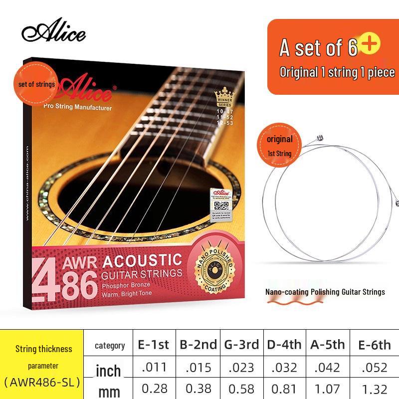 Corde per Chitarra Acustica Alice Folk - Set Completo da 6 (Corde 1ª, 2ª, 3ª come Singole)