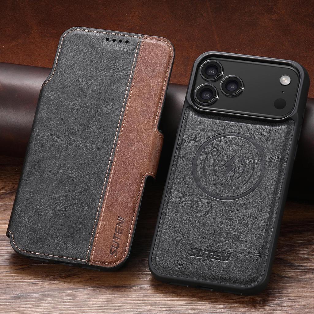 Étui à rabat magnétique en cuir pour iPhone 17 Pro Max & Samsung S25U avec chargement sans fil