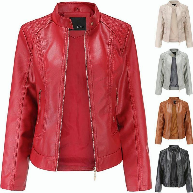 Women Faux Leather Biker Jacket Ladies Stand Collar Zip Coat Outwear