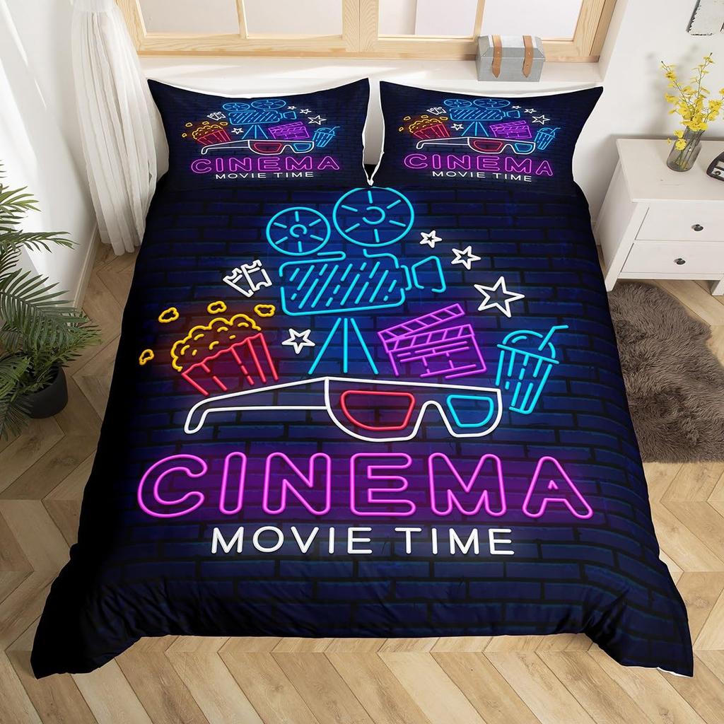 Movie Themed Bedding Set Full Queen for Boys Girls Family Home Theater Decor Vintage Comforter Cover Film Theme Duvet Cover Set
