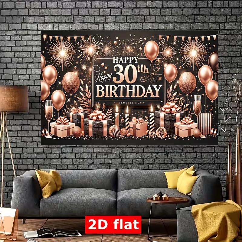 2D Luxury 30th Birthday Backdrop, Rose Gold Balloons & Champagne Decor Banner