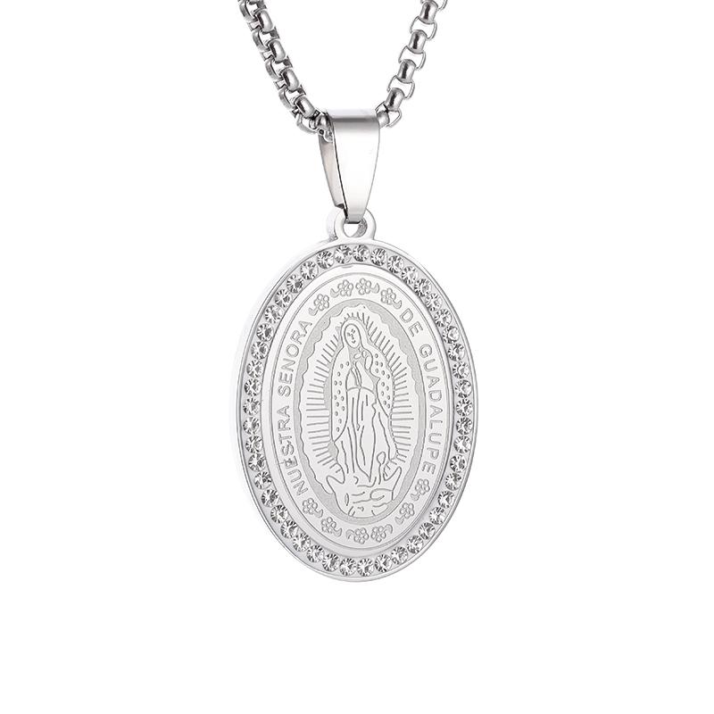Jungfrau Maria Medaillon Anhänger Edelstahl Eingelegt Zirkonia Halskette für Männer Frauen Kirchenkleidung Gebets Schmuck Geschenk