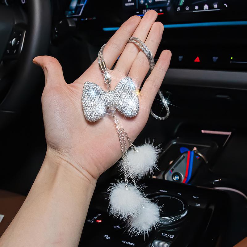 Fashion Diamond Bowknot Pendant Car Rearview Mirror Hanging Decoraction Ornament Christmas Birthday Gift Women's Car Accessories