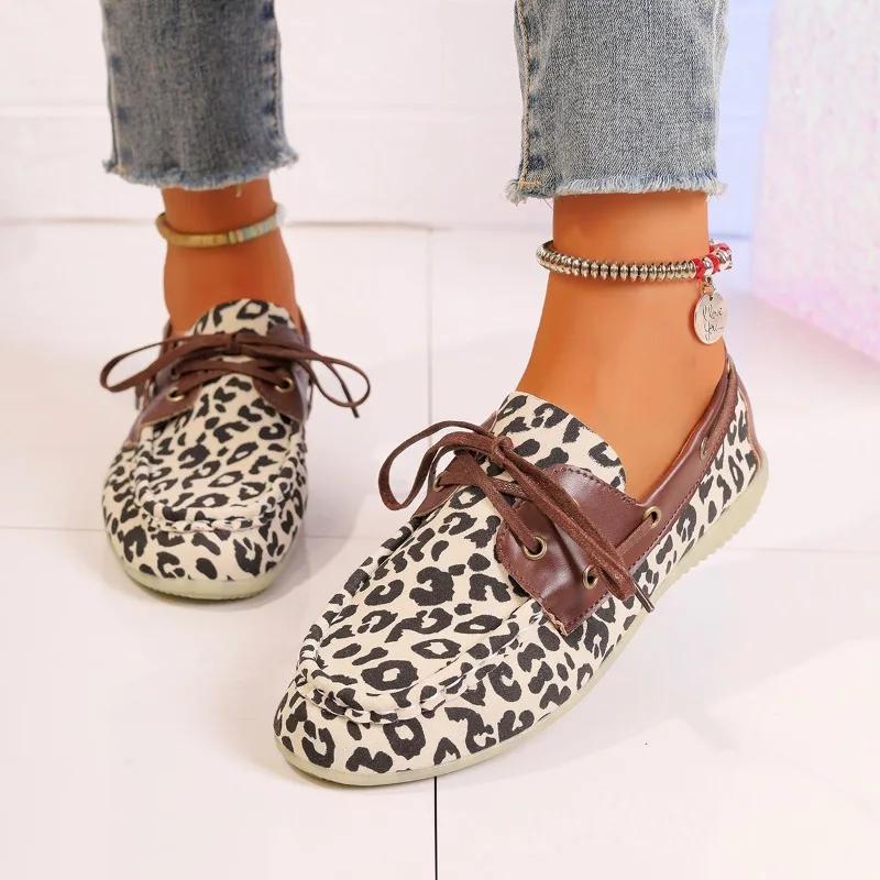Fashion Women's Shoes 2024 Spring and Autumn New Leather Niche Lace-up Retro Leopard Print Women's Fashion Korean Women's Shoes