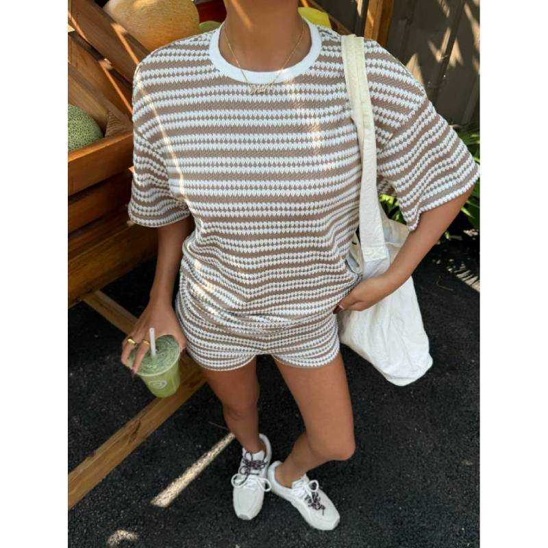 Summer Casual Striped Short Sleeve Tshirt And Shorts Lounge Set For Women