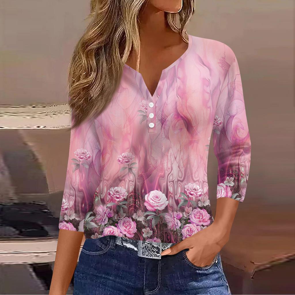 Ladies Casual Fashion V-neck Loose Versatile Floral Print Three-quarter Sleeve Top