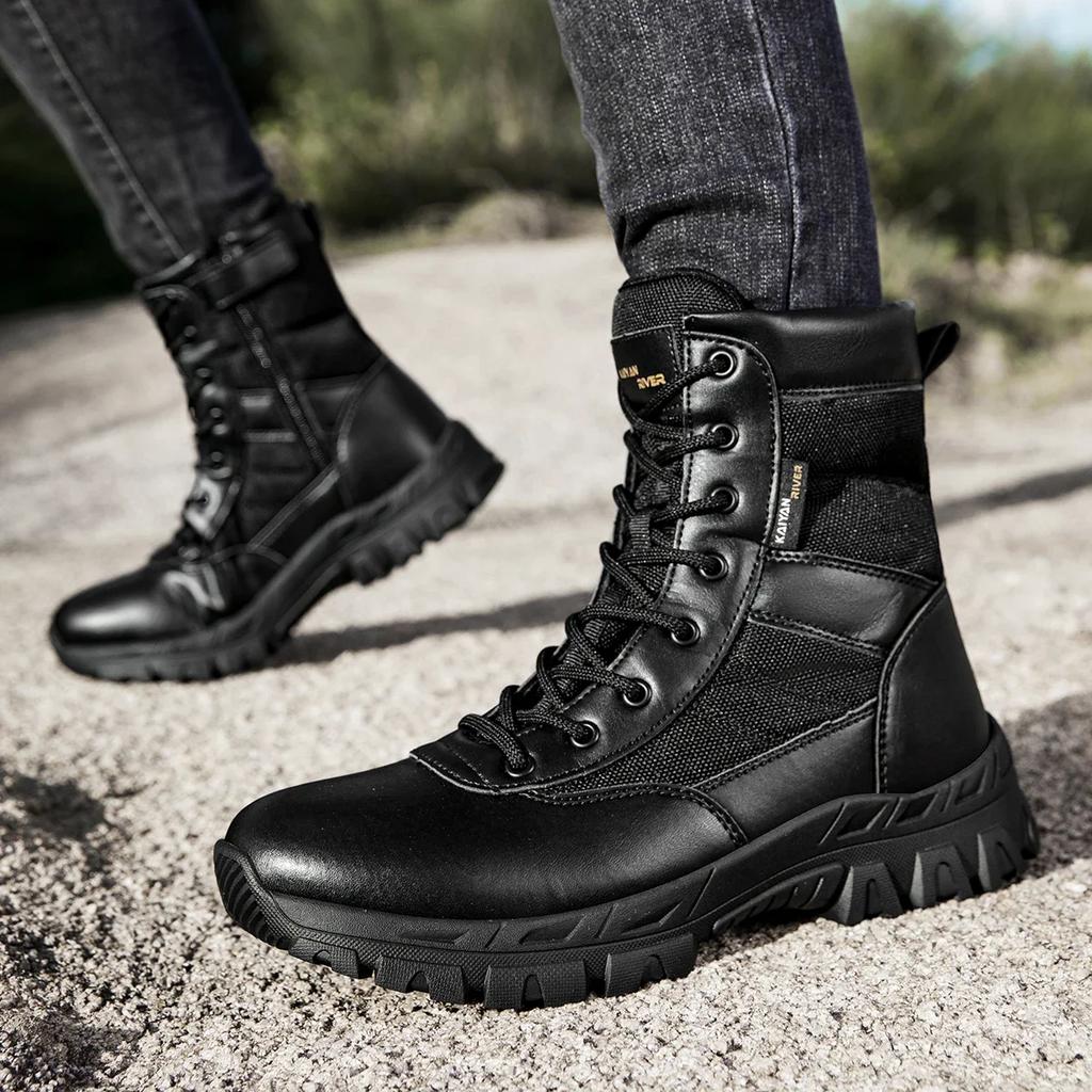 Chaussures de randonnée d'extérieur pour hommes Bottes en cuir montantes Bottes tactiques militaires Chaussures noires à semelle épaisse Résistantes à l'usure Zapatillas Homme