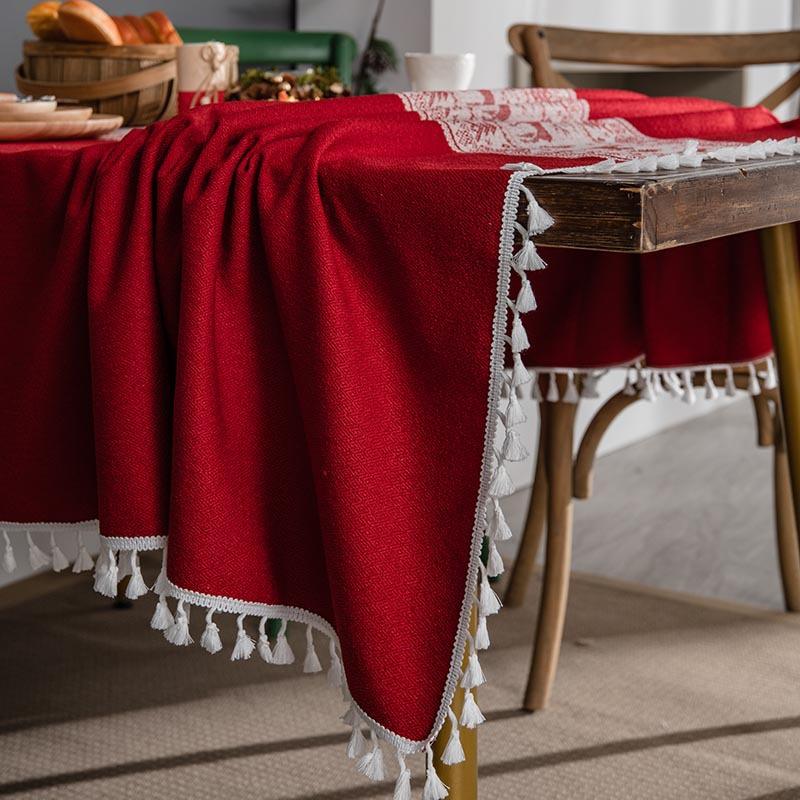 Cross Border American Christmas Knitted Jacquard Deer Red Tablecloth Big Red Tassel Table Cloth Rectangular Tablecloth
