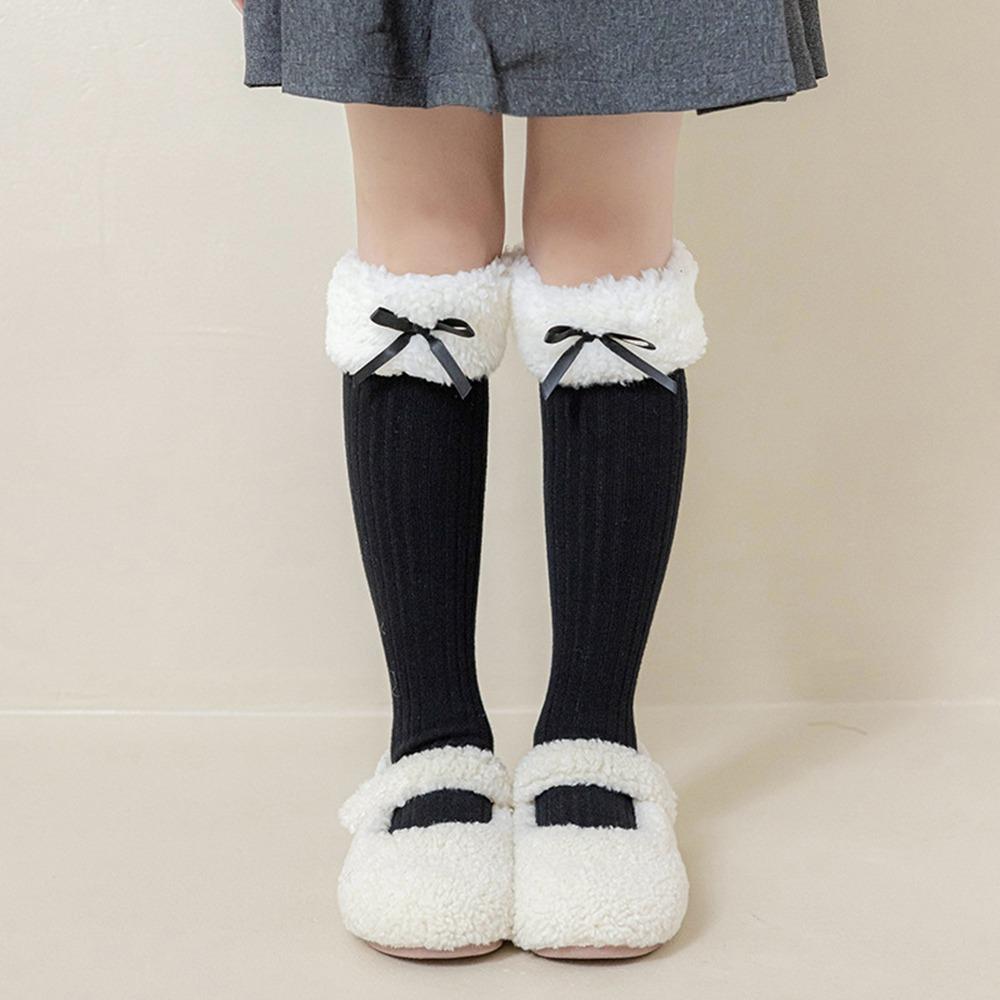 AutumnWinter Lamb Wool Stocking Long Tube Sock Bow Socks Breathable Plush Hosiery  Girls чёрный