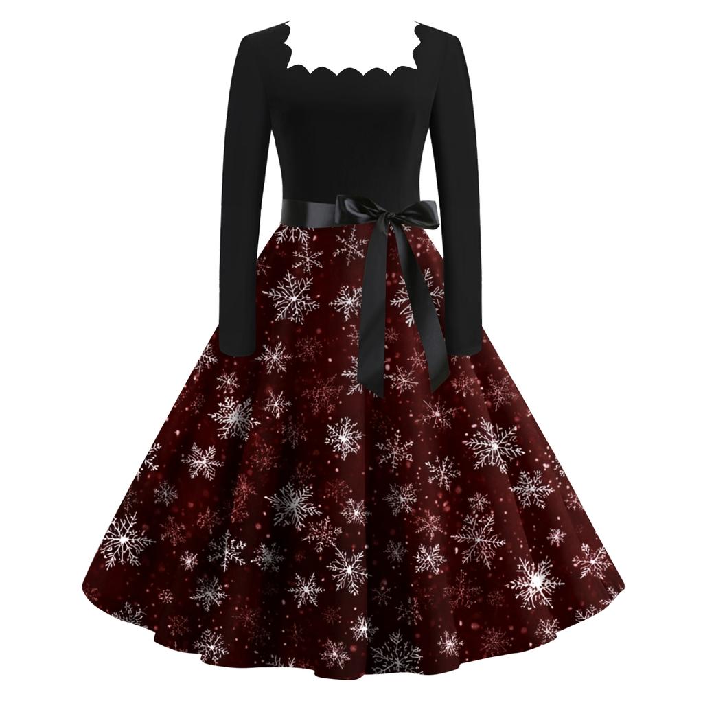 Women's Fashion Retro Long-sleeved Square Collar Christmas Printed Evening Dress