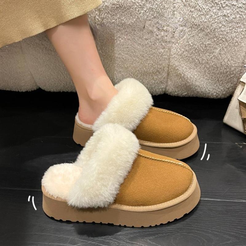 Women Home Slippers Winter Furry Slides Woman Casual Comfort Warm Flat Platform Flip Flops Cotton Bedroom Shoes