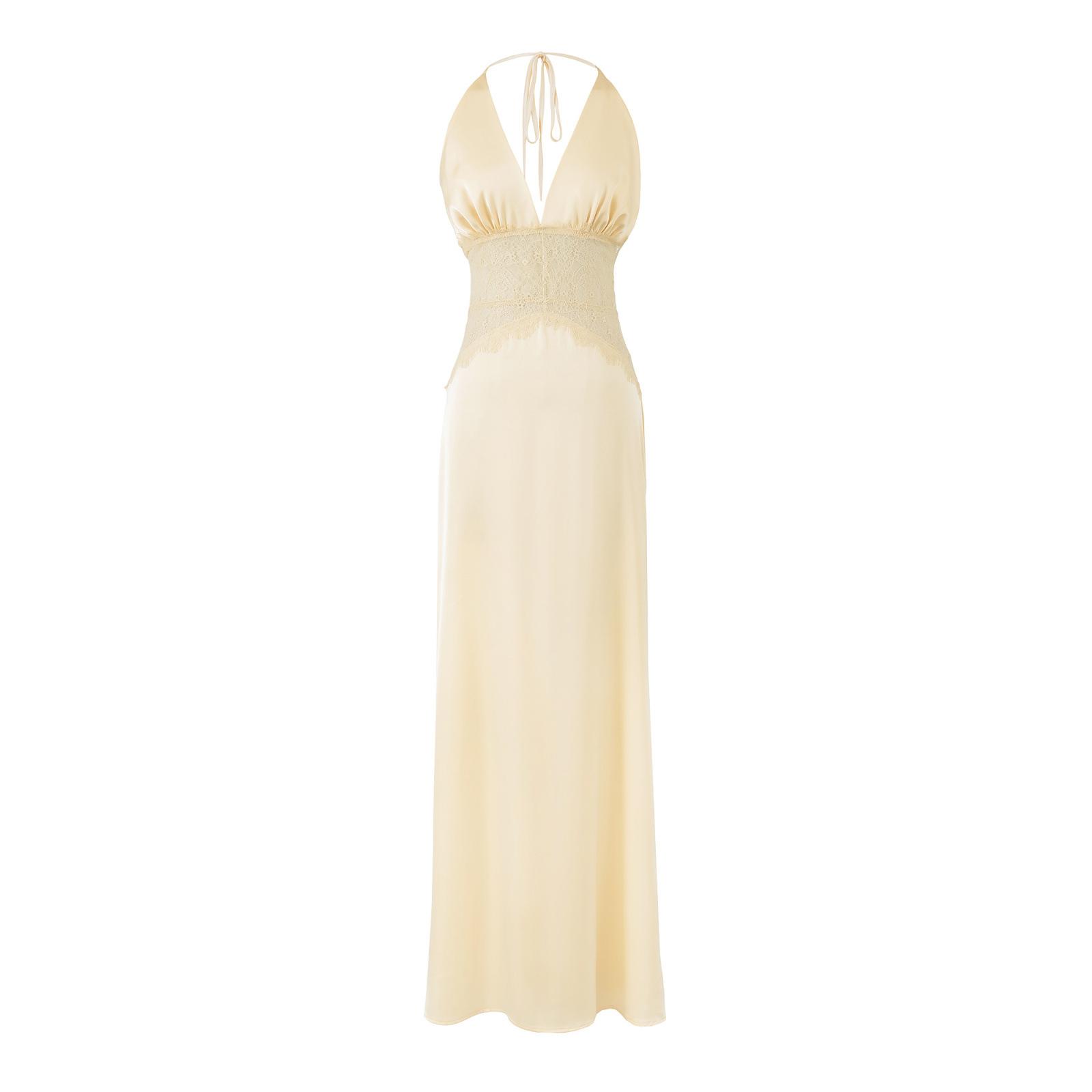 European and American style, new women s clothing, foreign style, classic, neck V-shaped lace splicing dress S жёлтый