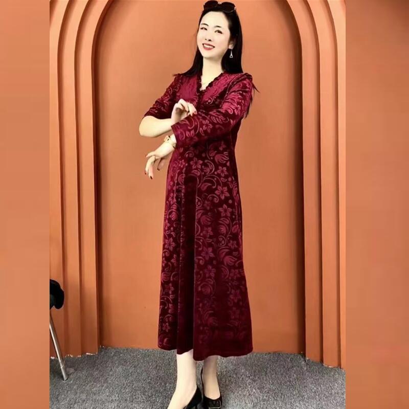Women's Plus Size Printed Velvet Dress Autumn Loose V-neck A-line Long Casual Dress
