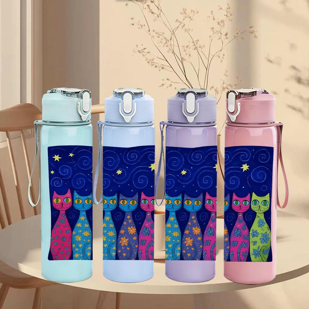 1PC Colorful Cat Tower Night Sky Pattern 750ml Color Plastic Sports Water Bottle Leakproof Flip Straw Lid Suitable for Sports Office Home Use