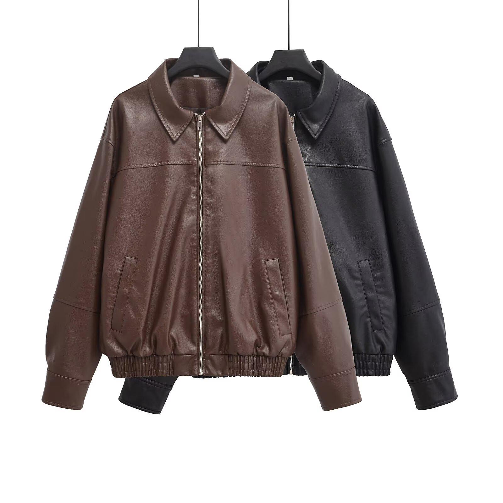 

Women s Faux Leather Motorcycle Jacket with Turn-Down Collar - Versatile, Loose Fit European and American Fashion. M темно-коричневого