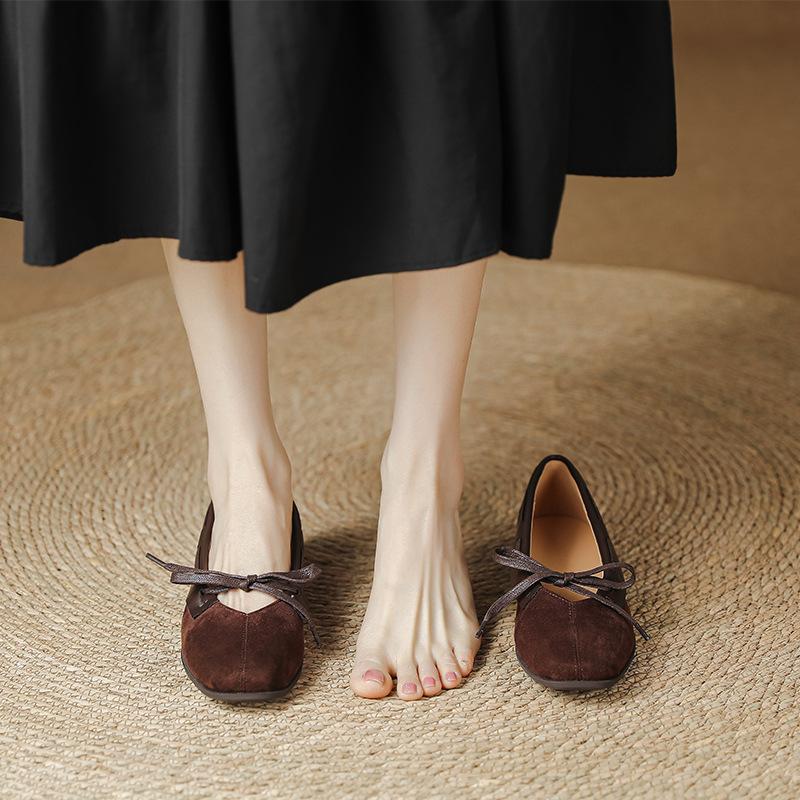 Suede square head ballet shoes women's spring and summer flat-soled single shoes light mouth flat heel retro bow Mary Jane women's shoes