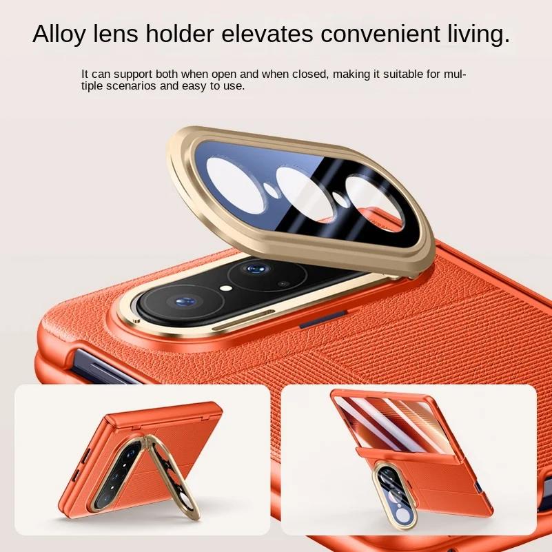 Leather Spring Hinged Lens Camera Holder Stand Case For Huawei Pura X Max With Screen Tempered Glass Protector Cover